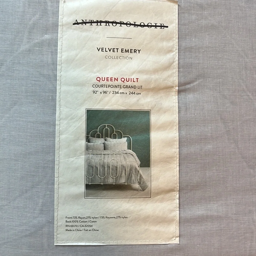 Anthropologie Velvet Emery Quilt Gray Quilt Queen NWT